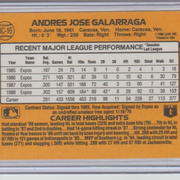 Andres Galarraga 1989 Donruss MVP #BC 16 - Picture 2 of 2